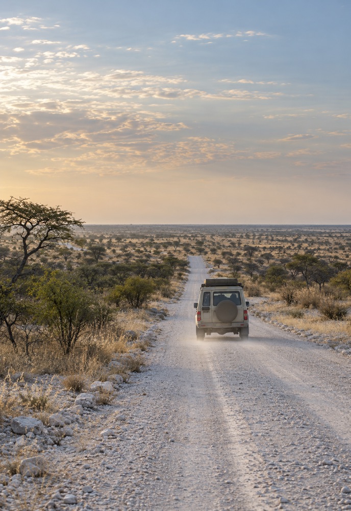 Safari vehicle travelling on an authorised Etosha gravel road
