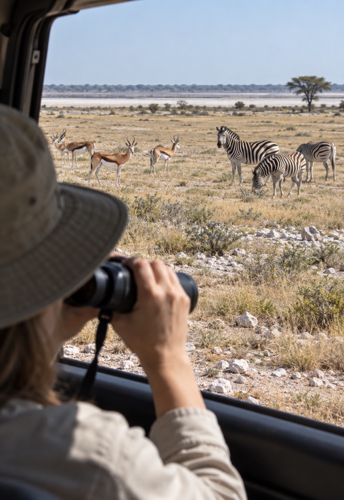Traveller observing zebra and springbok from a safari vehicle in Etosha