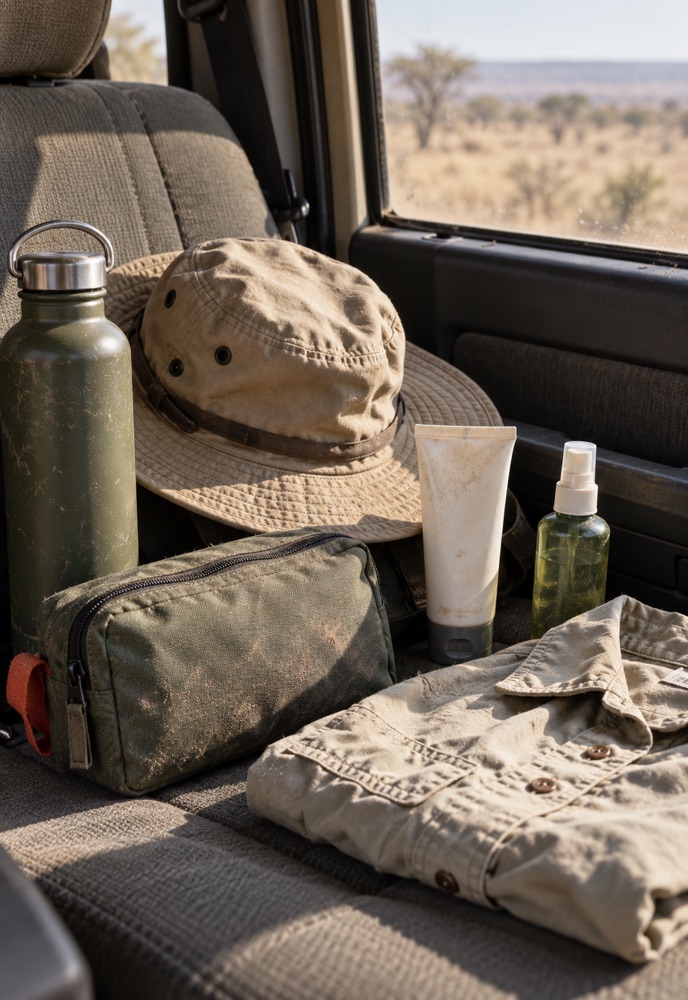 Practical Etosha health kit with water, sun hat and first-aid pouch