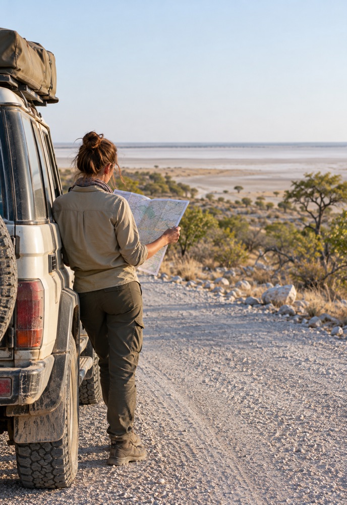 Traveller planning an Etosha self-drive route beside a safari vehicle