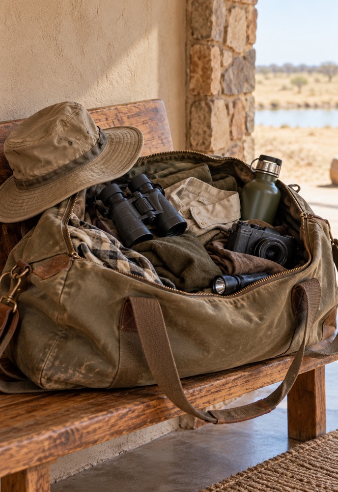 Safari bag packed with practical clothing and equipment for Etosha
